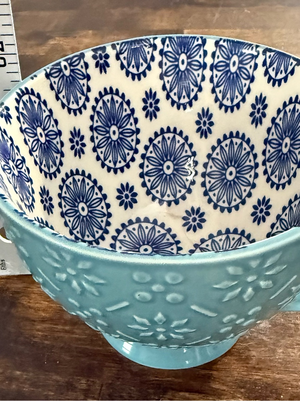 Teal Signature Housewares Embossed Stoneware Mug with Blue Patterned Interior - Picture 9 of 9